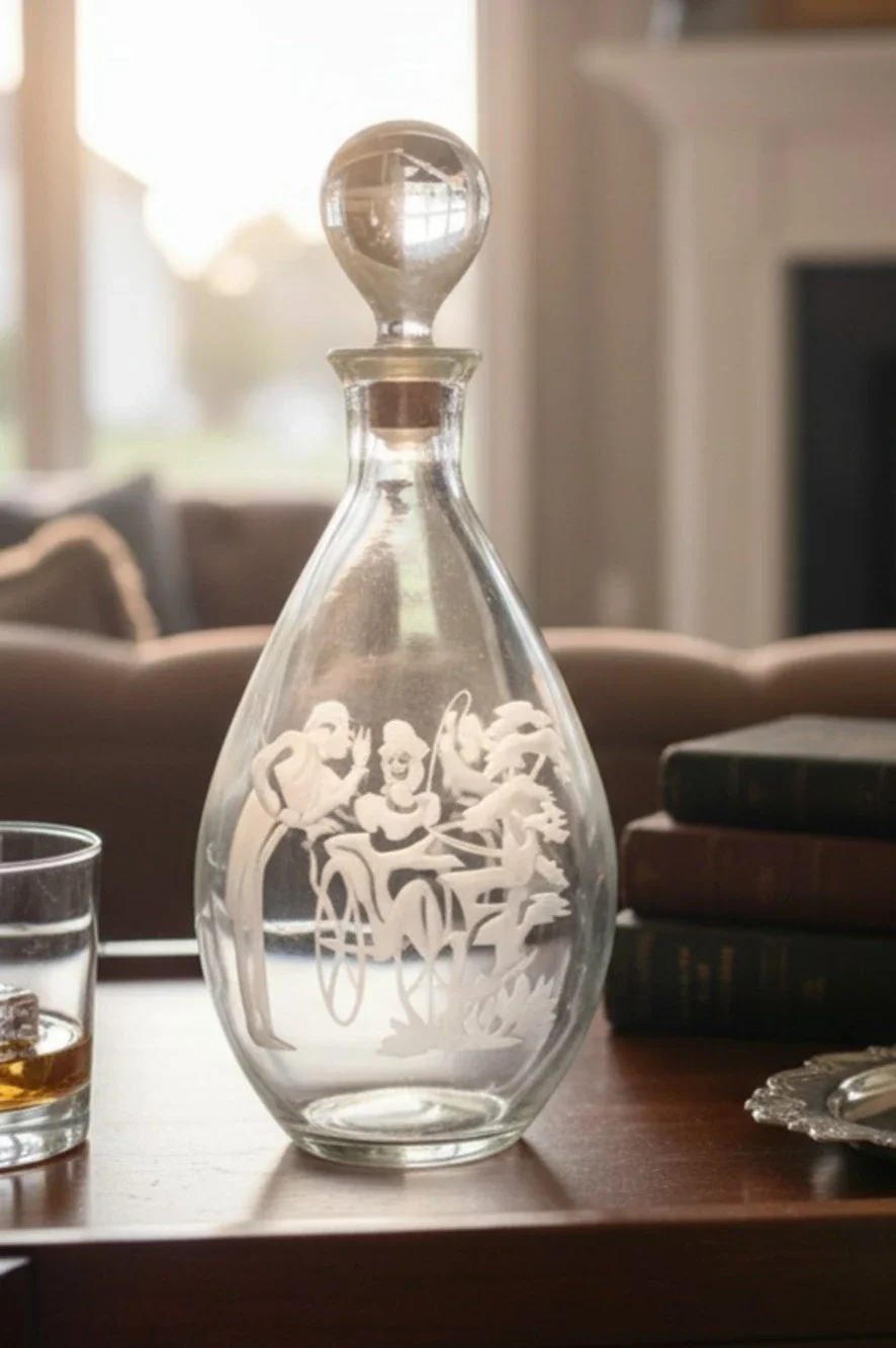 Vintage I.W. Harper Whiskey Etched Glass Decanter Gentleman & Victorian Lady